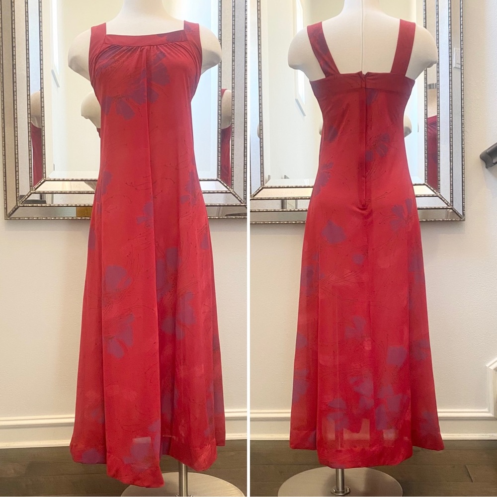 Vintage SEARS Hawaiian Red Floral Print Aloha 70s Maxi Gown Long Slip Dress - Picture 5 of 13